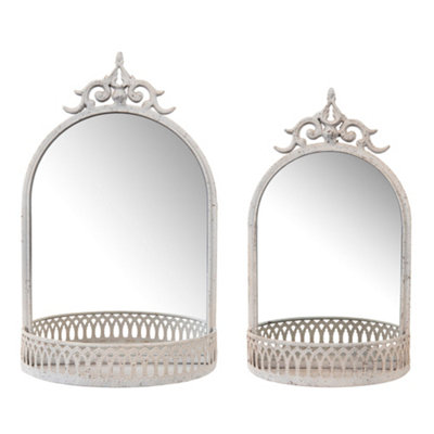 Set of 2 Distressed Effect Vintage Style White Hallway Bedroom Living Room Mirror Shelving Wall Mounted Framed Mirrors