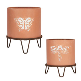 Set of 2 Embossed Butterfly Dragonfly Round Indoor Outdoor Garden Plant Pots Footed Terracotta Flower Planter
