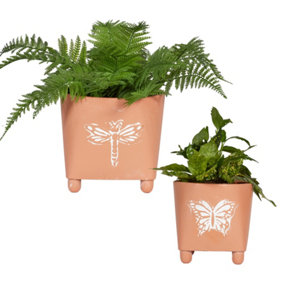 Set of 2 Embossed Butterfly Dragonfly Rustic Indoor Outdoor Garden Plant Pots Footed Terracotta Flower Planter