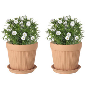 Set of 2 Extra Large Ribbed Flower Pots with Overflow Tray Orange Clay Indoor Outdoor Houseplant Garden Planters