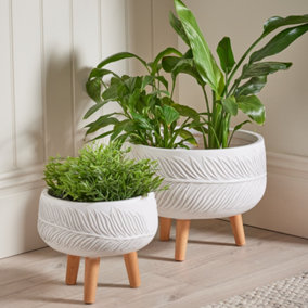 Set of 2 Fern Leaf Footed Indoor Planter with Wooden Legs Planter Pots