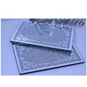 Set Of 2 Flower Style Border Crushed Diamond Placemats Silver Mirrored