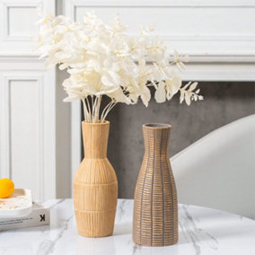 Set of 2 Flower Vases Brown Beige Decorative Vintage Pottery Ceramic Vases