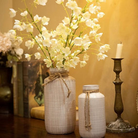 Set of 2 Flower Vases Large Vintage Rustic Pottery Beige Ceramic Decorative Farmhouse Vases