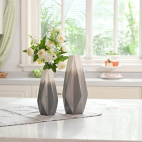Set of 2 Flowers Vases Grey White Modern Ceramic Geometric Decorative Pottery Vases
