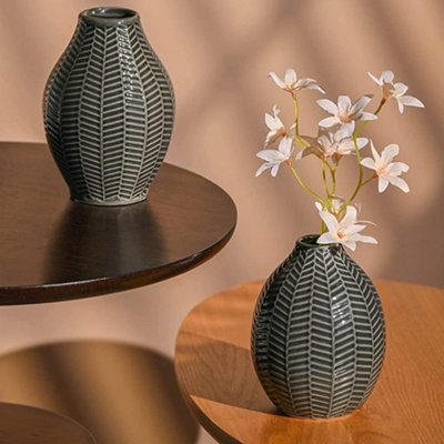 Set of 2 Flowers Vases Scandi Small Black Grey Pottery Ceramic Vases