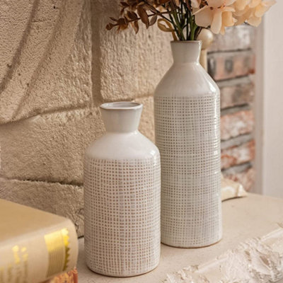 Set of 2 Flowers Vases White Decorative Vintage Farmhouse Stoneware Ceramic Vases