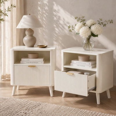 Set of 2 Fluted Bedside Tables with Drawer & Shelf, Cream White