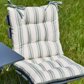 Set of 2 Forest Green Stripe Cotton Summer Outdoor Garden Furniture Chair Seat Pads with Ties
