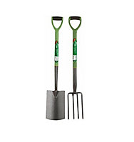 Set of 2 Fork & Spade Green Garden Farming Lightweight Gardening Hand Tools Soft Plastic Handle Grip Strong & Durable Carbon Steel