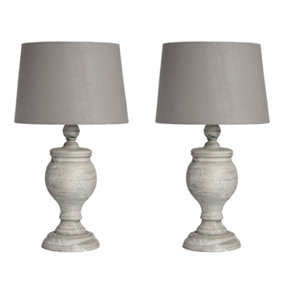 Set of 2 French Country Brushed Wood Urn Vase Pillar Table Lamp with Linen Shade Bedside Night Light Home Office Table Lamp