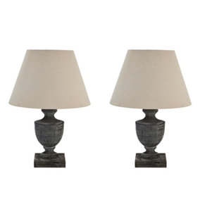 Set of 2 French Country Dark Brushed Wood Urn Vase Table Lamp with Linen Shade Bedside Table Night Light Home Office Lamp