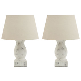 Set of 2 French Country Distressed Effect Ceramic Pillar Vase Table Lamp with Linen Shade Bedside Night Light Home Table Lamp