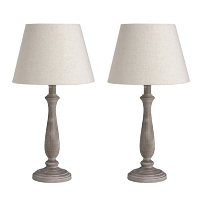 58cm Grey Square Fluted Table Lamp With Linen Shade – Wood Base, Traditional Style, Plug-In