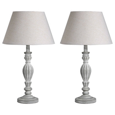 Set of 2 French Country Style Home Office Lamp Brushed Wood Rippled with Linen Shade Bedside Table Night Light Table Lamp