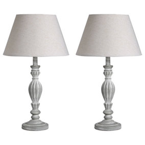Set of 2 French Country Style Home Office Lamp Brushed Wood Rippled with Linen Shade Bedside Table Night Light Table Lamp