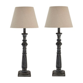 Set of 2 French Country Style Home Office Pillar Lamp Brushed Wood Rippled Desk Lamp with Linen Shade Bedside Table Lamp