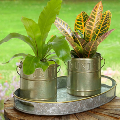 Set of 2 Galvanised Indoor Outdoor Garden Planter Pots and Tray