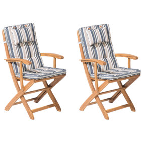 Set of 2 Garden Dining Chairs with Blue Stripes Cushion MAUI