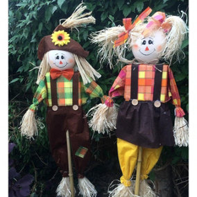 Set of 2 Giant 4ft Scarecrows - Colourful Outdoor Garden Bird Deterrents for Lawns, Borders, Allotments - Brown, H120 x W70 x D6cm