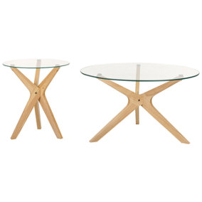 Set of 2 Glass Top Coffee Tables Light Wood VALLEY