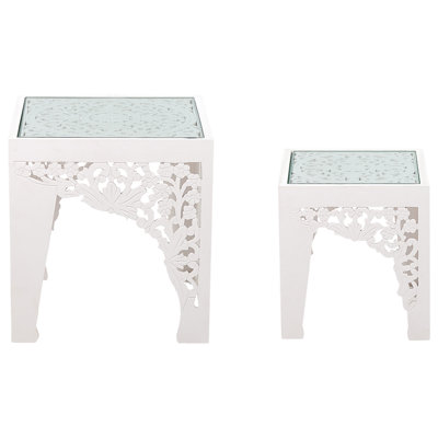 Set of 2 Glass Top Side Tables White AMADPUR