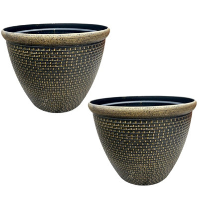 Set Of 2 Gold Cromarty Plant Pot Large 36cm Plastic Round Flower Garden Patio Planter
