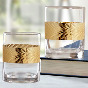 Set of 2 Gold Leaf Drinking Wine Whiskey Tumbler Glasses