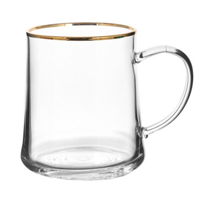 Set of 2 Gold Rimmed Glass Tea Coffee Cup Mugs Gift Idea