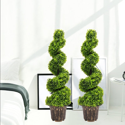 Set of 2 Green Artificial Plant Spiral Topiary Boxwood Tree Indoor Outdoor Decorative Plant in Pot 120 cm