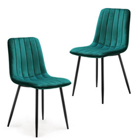 Set of 2 Green Dining Chairs (87x49.5x58.5cm) Cushioned Pad Seat & Solid Metal Black Legs - Velvet Upholstered Living Room Chairs