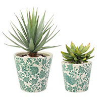 Set of 2 Green Floral Pots Indoor Outdoor Garden Hallway Room Decor Planter Pots