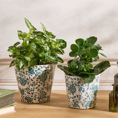 Set of 2 Green Floral Pots Indoor Outdoor Garden Hallway Room Decor Planter Pots