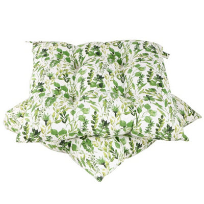 Set of 2 Green Leaf Print Cotton Outdoor Garden Chair Seat Pad Cushions