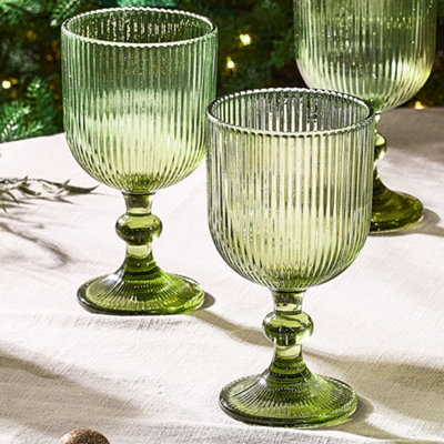 Set of 2 Green Ribbed Drinking Glasses Wine Goblets Wedding Decorations Ideas