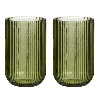 Set of 2 Green Ribbed Highball Tumbler Glasses Wedding Decorations Ideas