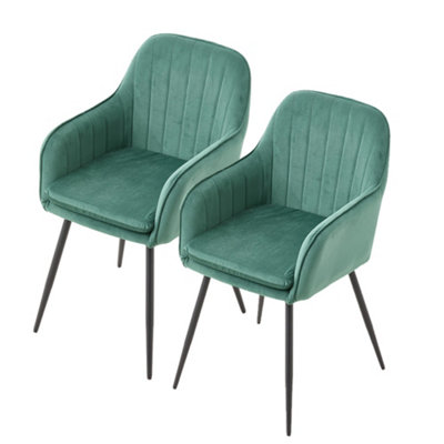 Set of 2 Green Velvet Dining Chairs with Armrests and Black Iron Legs