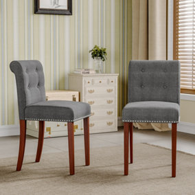Set of 2 Grey Dining Chair Set Linen Padded Kitchen Chair Accent Chair with Wooden Legs