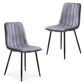 Set of 2 Grey Dining Chairs (87x49.5x58.5cm) Cushioned Pad Seat & Solid Metal Black Legs - Velvet Upholstered Living Room Chairs