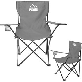 Set of 2 GREY Folding Camping Chair With Armrest, Drink Holder & Carry Bag