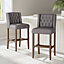 Set of 2 Grey Rustic Bar Stools Linen Tufted Button High Chair with Wood Legs