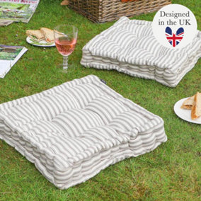 Set of 2 Grey Striped Box Outdoor Garden Chair Seat Pad Cushions