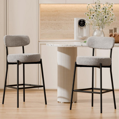 Set of 2 Grey Upholstered Bar Stools, Teddy Fabric Kitchen Breakfast Barstools with Curved Backrest