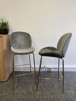 Set of 2 Grey Velvet Barstools with Golden Metal Legs