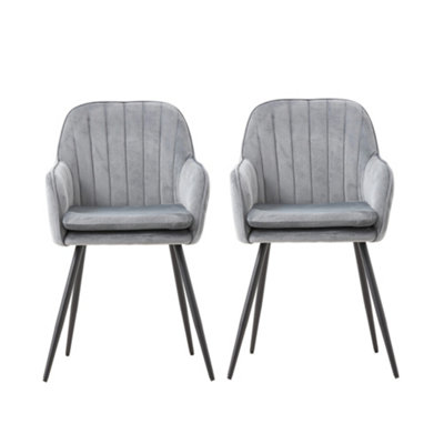 Set of 2 Grey Velvet Dining Chairs with Armrests and Black Iron Legs