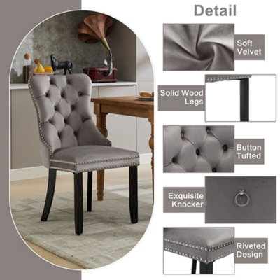 Set of 2 Grey Velvet Dining Chairs with Button Tufting,Solid Wood Legs ...