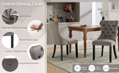 Set of 2 Grey Velvet Dining Chairs with Button Tufting,Solid Wood Legs ...