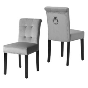 Set of 2 Grey Velvet Kitchen Dining Chairs with Pull Knocker Ring and Nail Trim Design for Dining Room