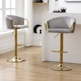 Set of 2 Grey Velvet Swivel Bar Stools, Kitchen Breakfast Bar Chairs
