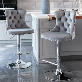 Set of 2 Grey Velvet Upholstered Swivel Bar Stools with Chrome Base Kitchen Barstools with Footrest